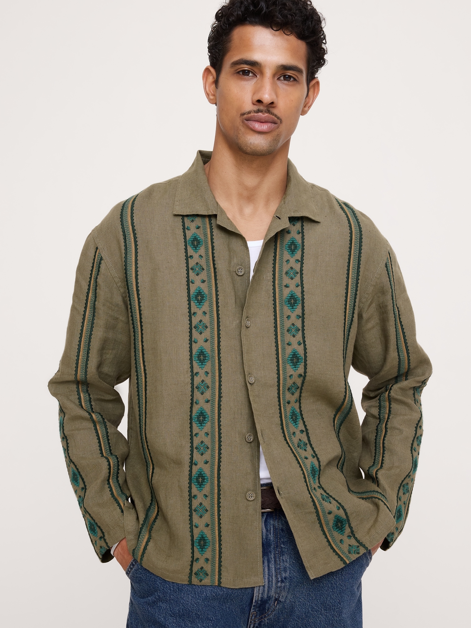 Image number 1 showing, Relaxed-Fit Embroidered Linen Long-Sleeve Resort Shirt