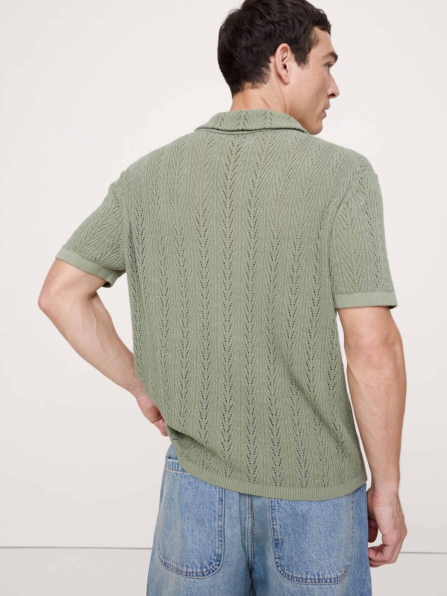 Image number 3 showing, Pointelle Linen-Cotton Blend Polo Cardigan