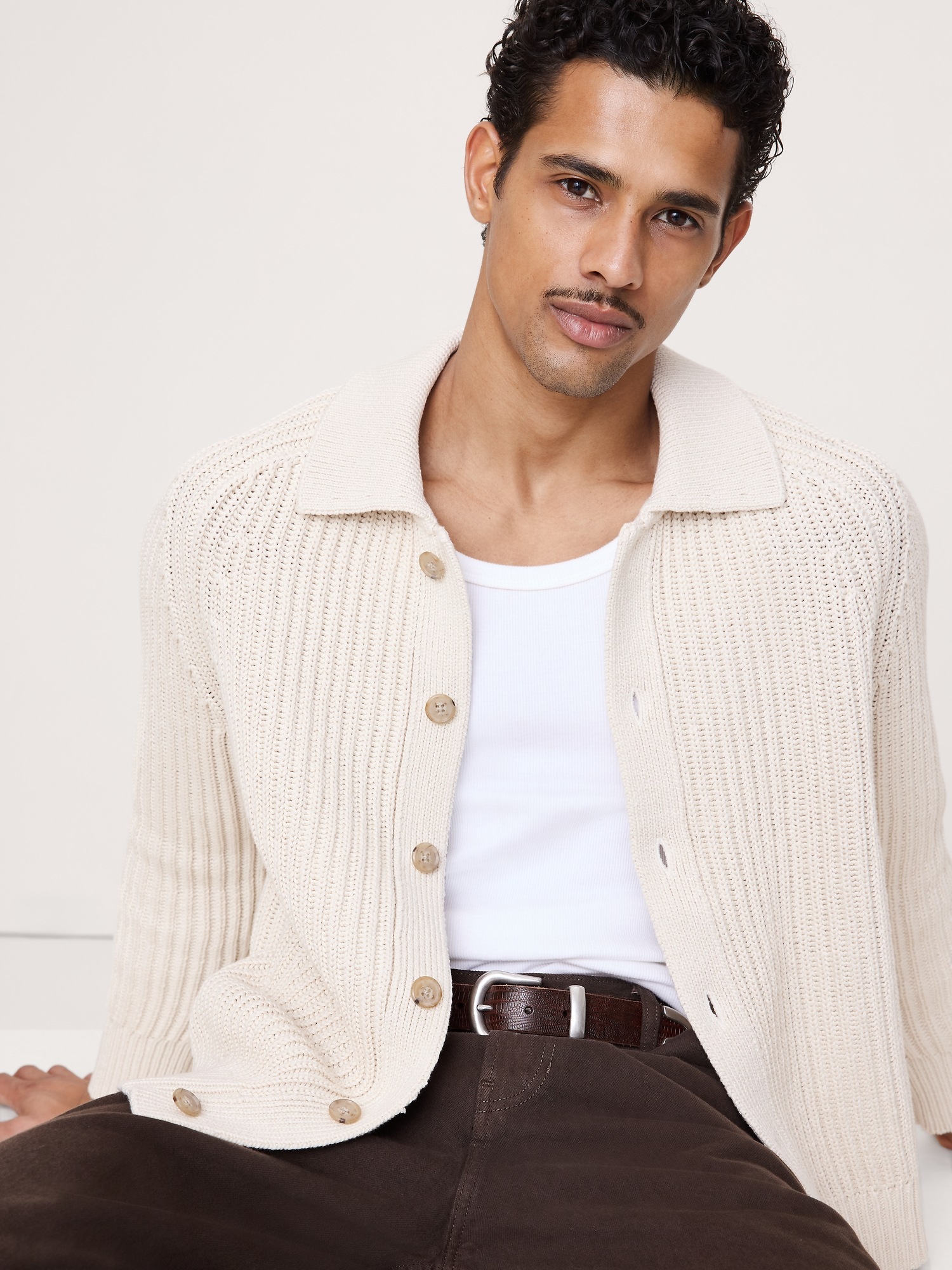 Мужской кардиган Banana Republic Cotton Ribbed Polo Cardigan, цвет: Кремовый — фото 3
