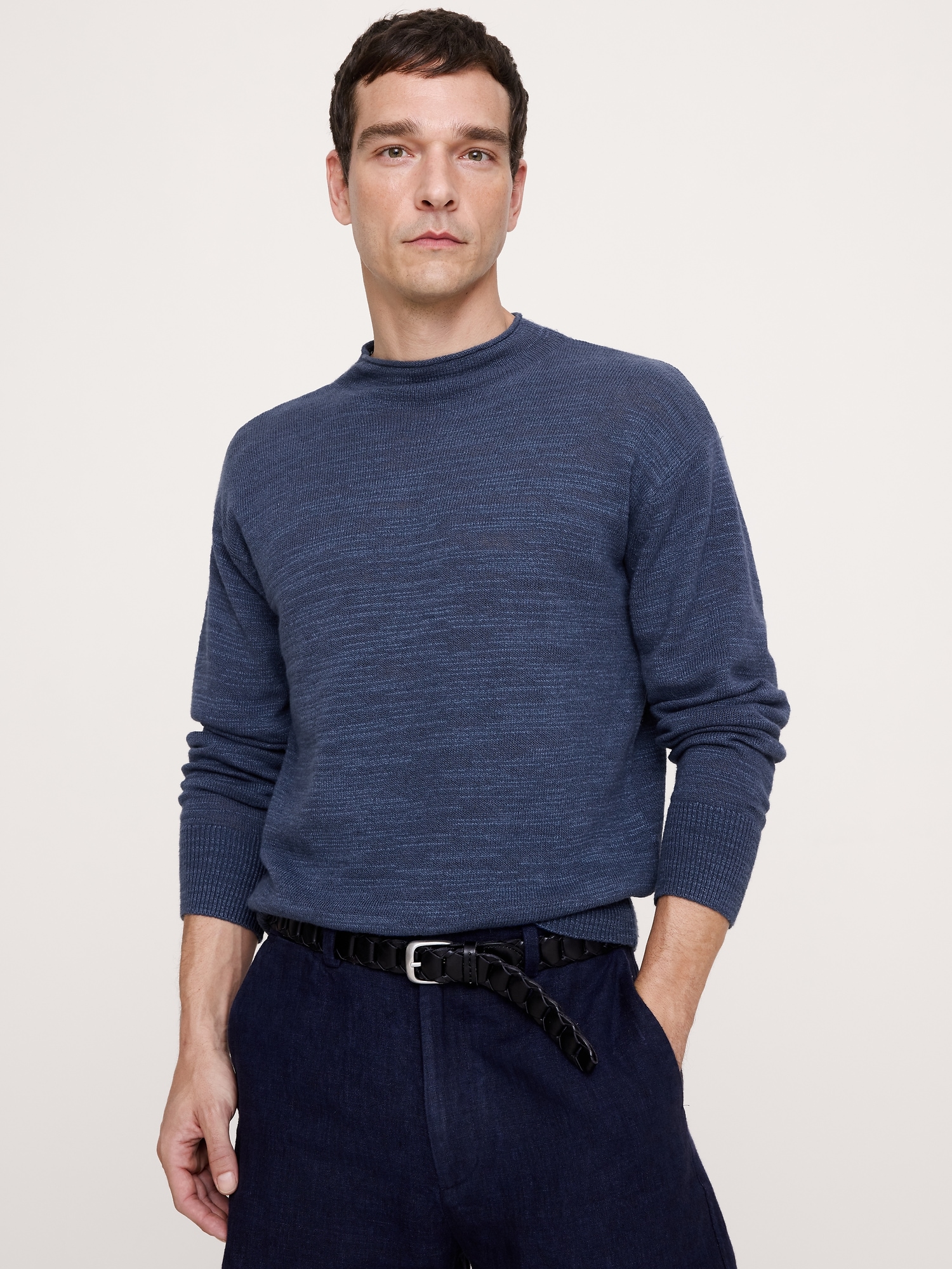 Image number 1 showing, Linen-Cotton Slub Roll-Neck Sweater