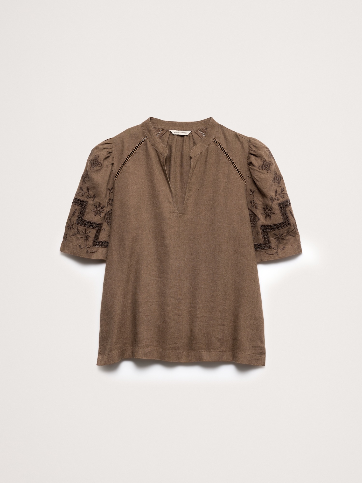 Женский топ Banana Republic Embroidered Linen Puff-Sleeve Top, цвет: Серо-коричневый — фото 4