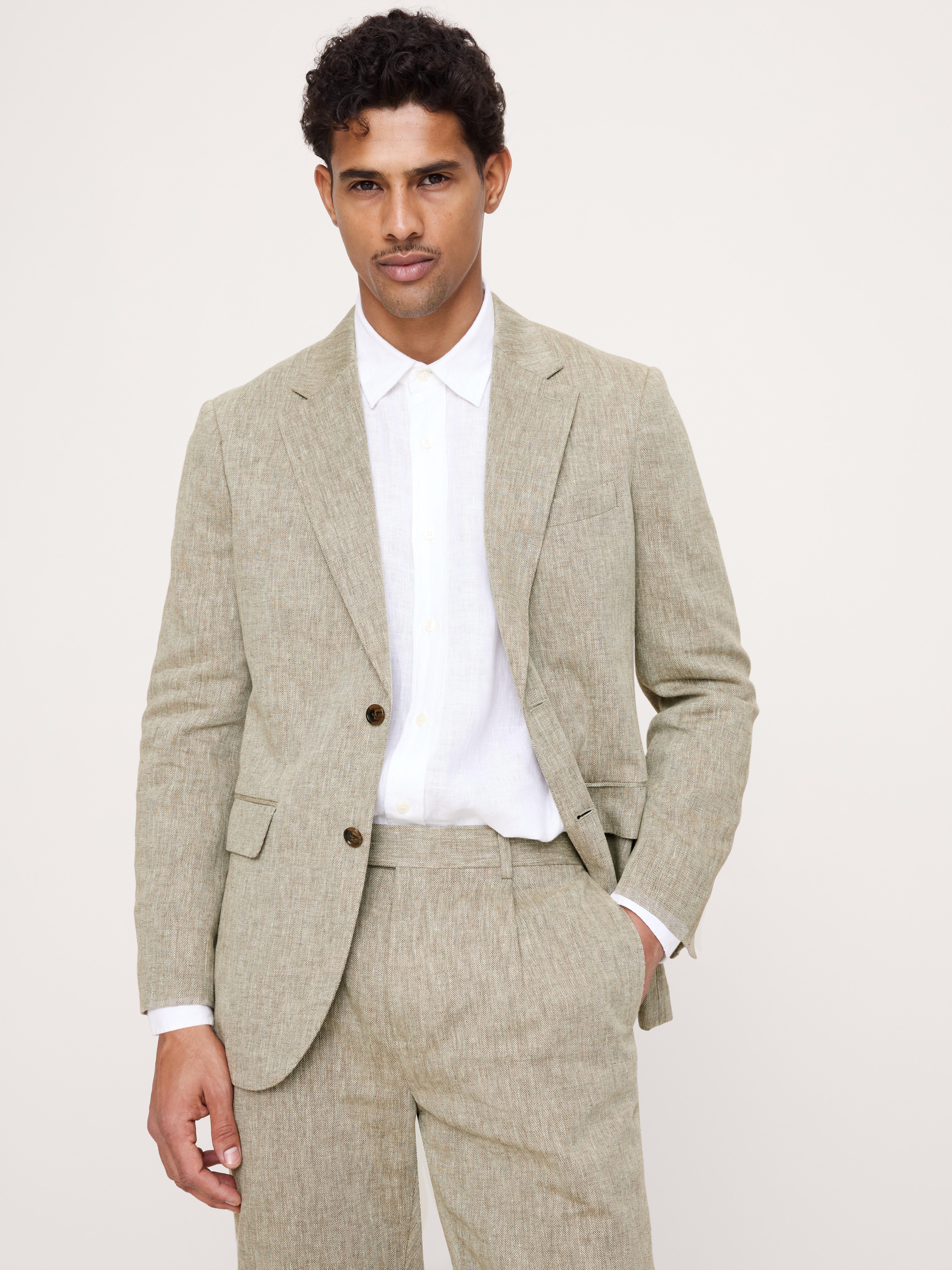 Tailored Slim-Fit Green Linen-Cotton Suit Jacket