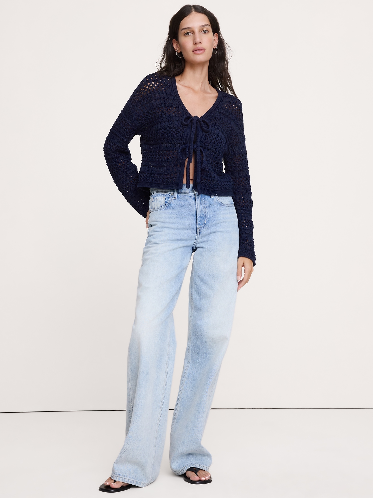 Image number 1 showing, Cotton Crochet Tie-Front Cardigan