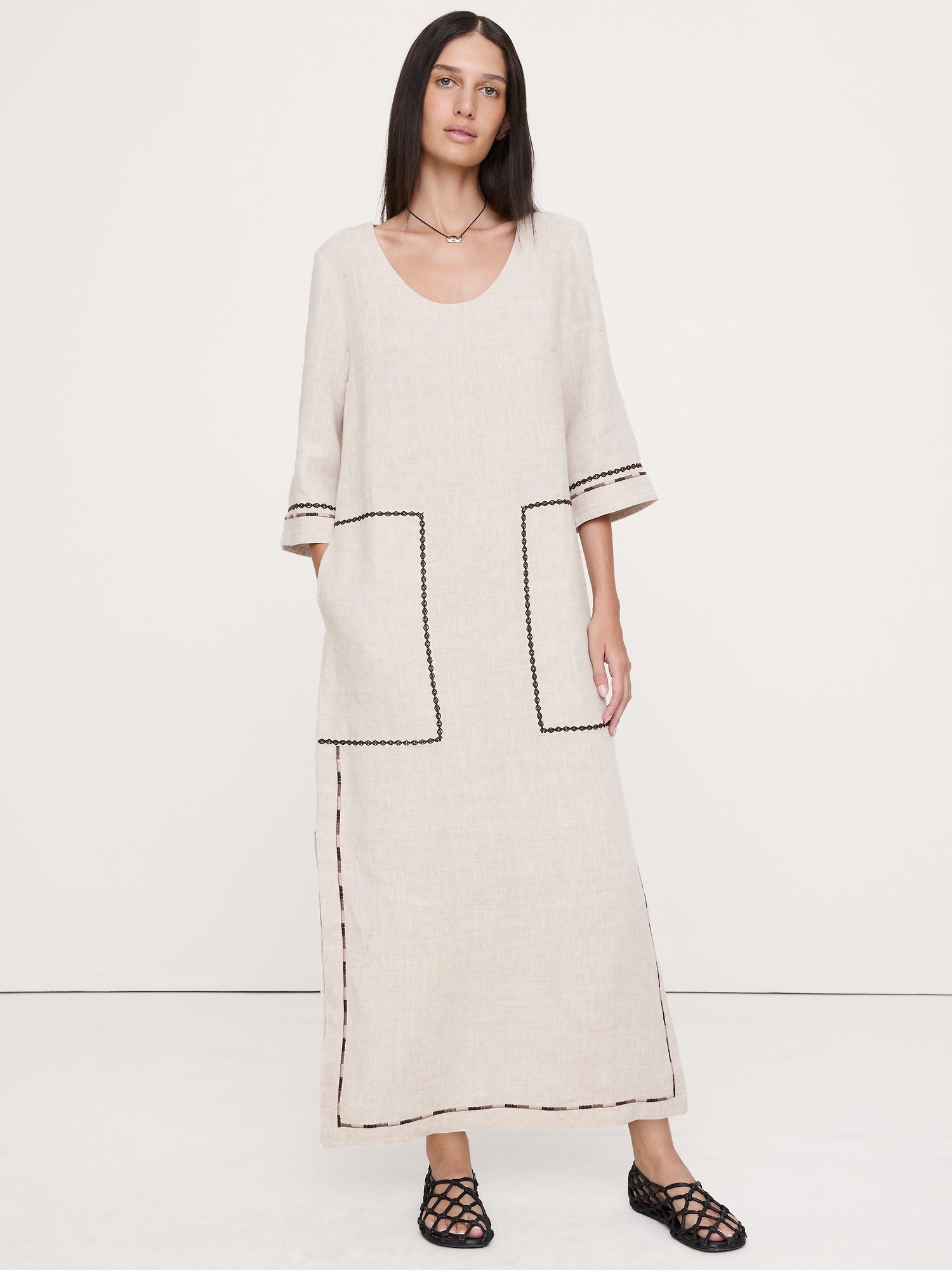 Image number 1 showing, Embroidered Linen Scoop-Neck Maxi Dress