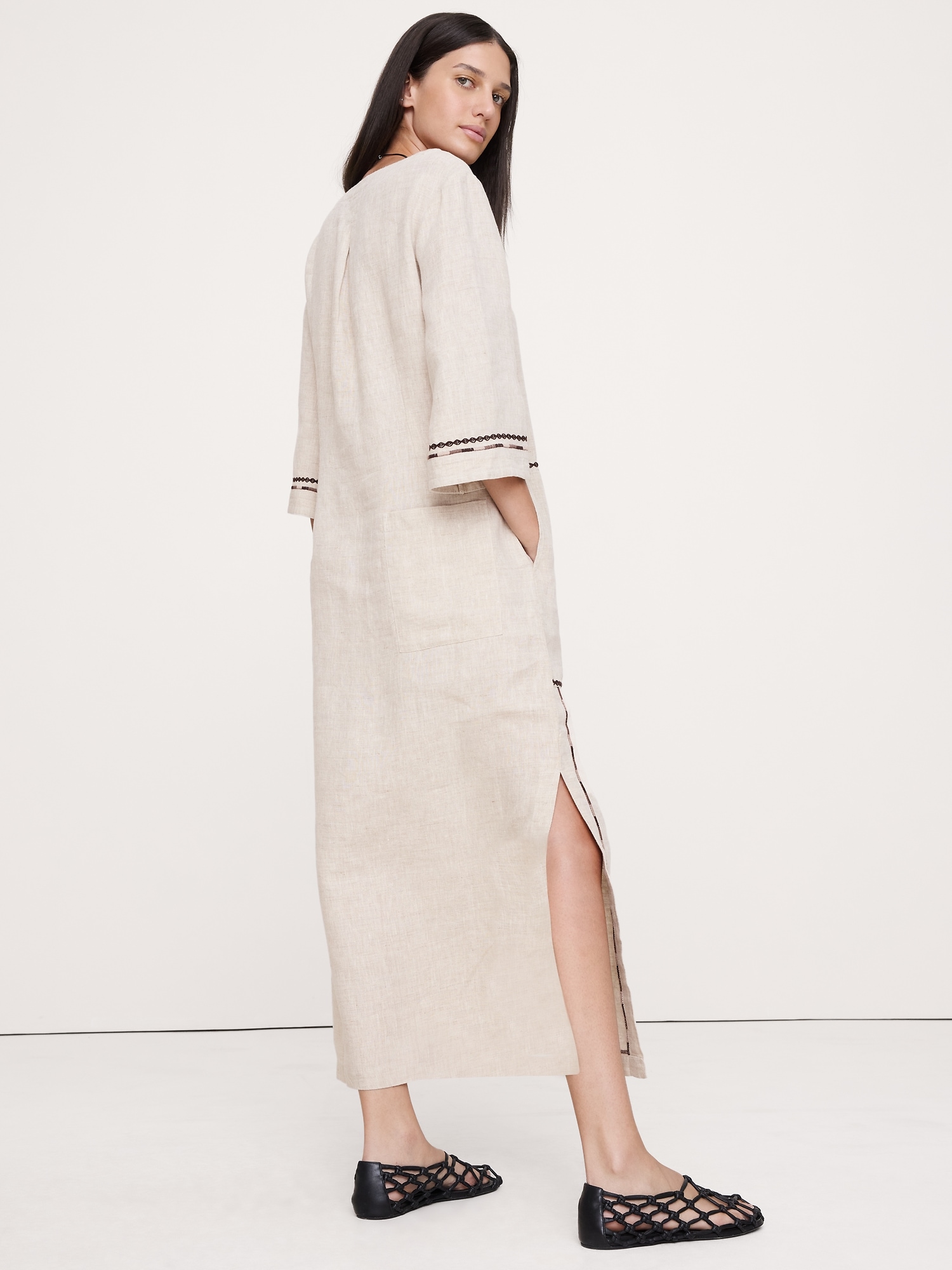 Image number 2 showing, Embroidered Linen Scoop-Neck Maxi Dress
