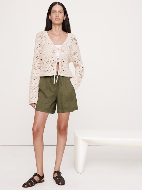 Coastal Cotton Crochet Tie-Front Cardigan - Merengue Off