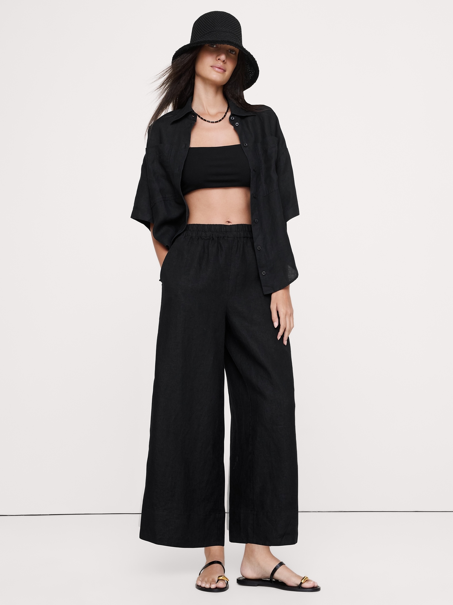 High-Rise Wide-Leg Linen Pull-On Ankle Pant