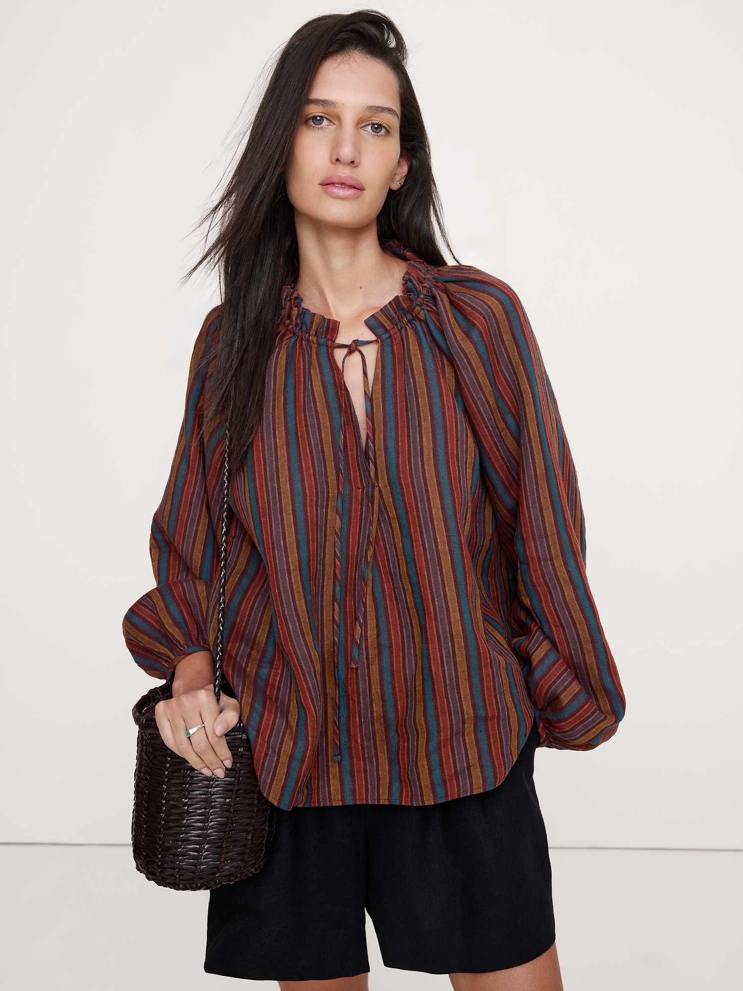 Image number 1 showing, Linen Ruffle-Neck Top