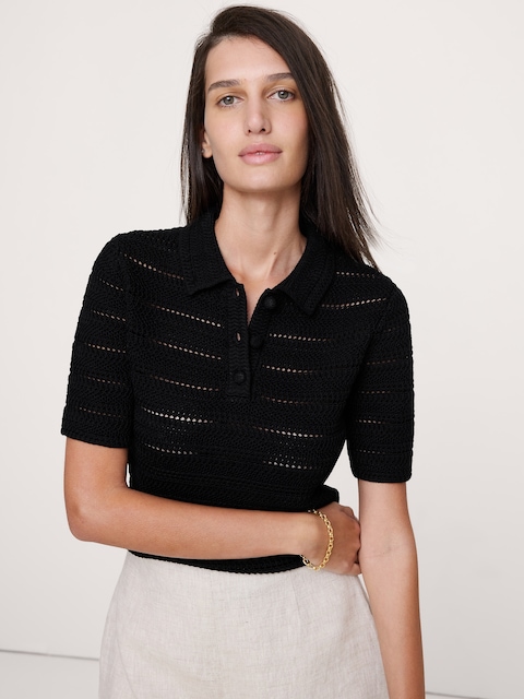 Crochet Stripe Cotton Sweater Polo