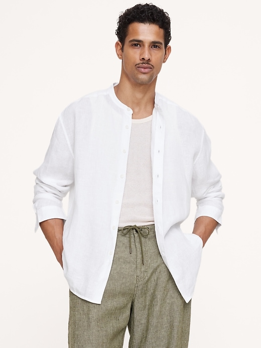 Relaxed-Fit Linen Banded-Collar Shirt