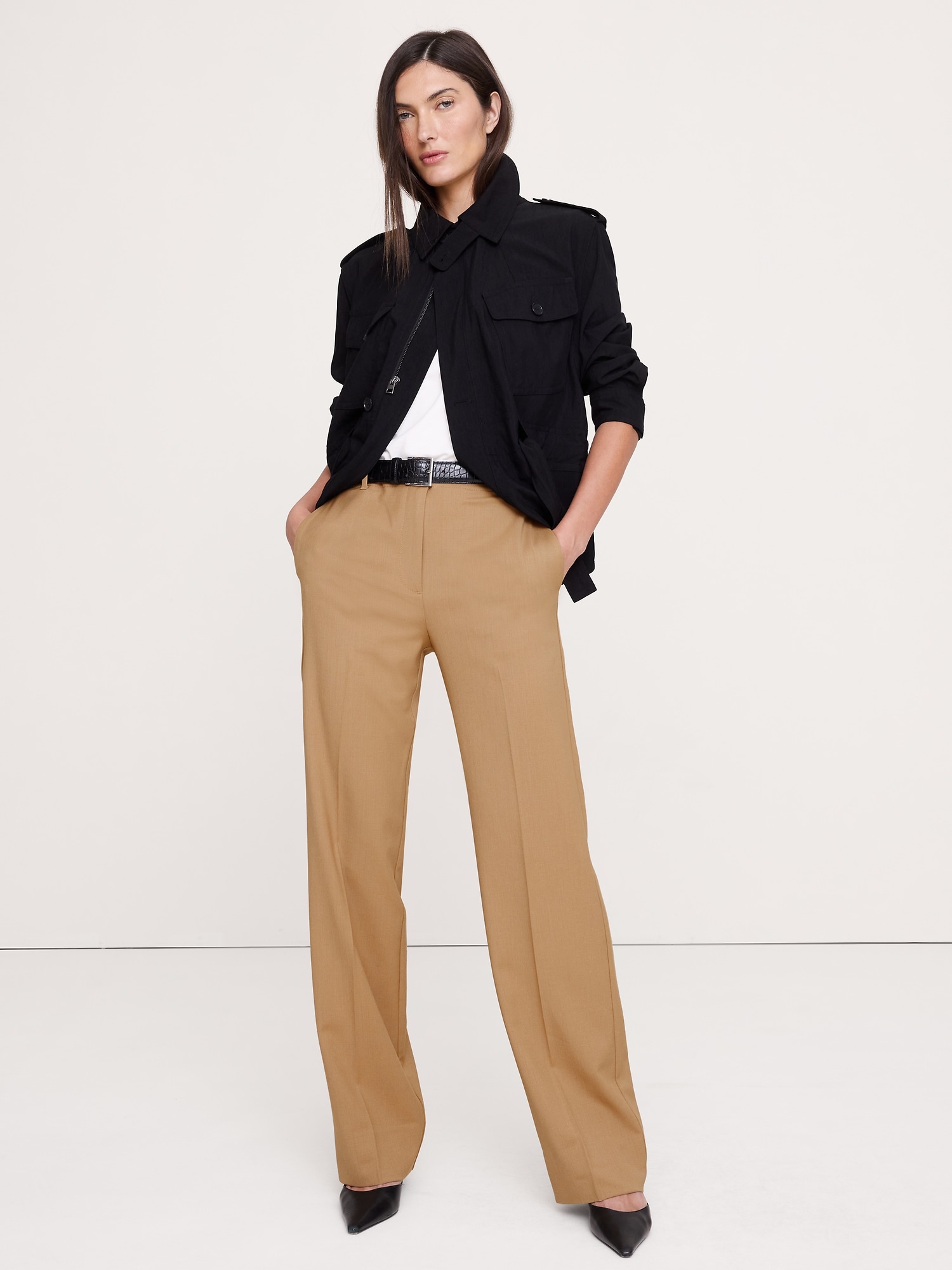 Image number 1 showing, High-Rise Modern Straight Italian Lightweight Wool Pant
