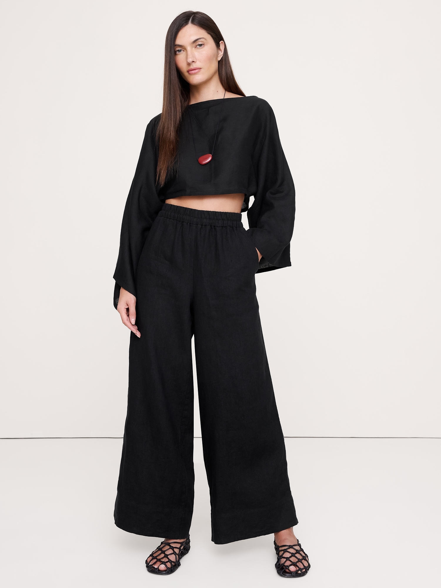 Image number 5 showing, High-Rise Wide-Leg Linen Pull-On Ankle Pant