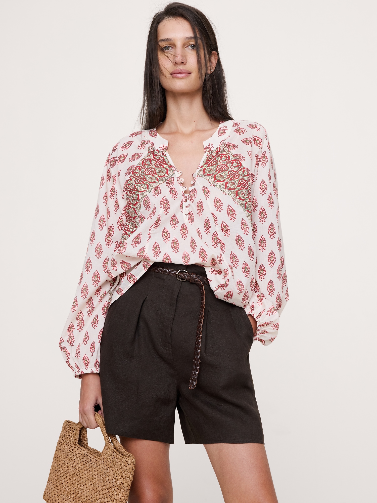 Image number 1 showing, Lightweight Cotton Split-Neck Top