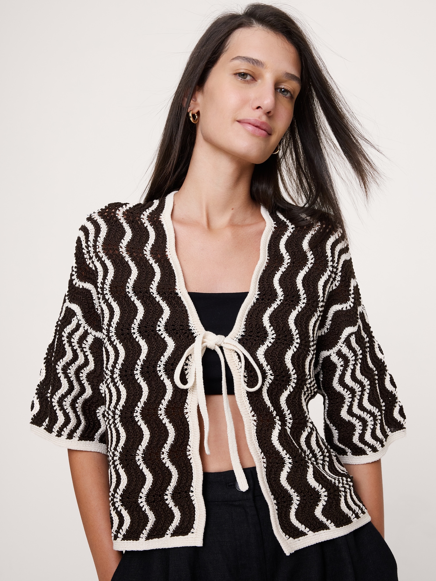 Image number 3 showing, Cotton Scallop Stripe Tie-Front Cardigan