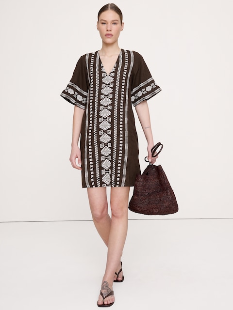 Embroidered Linen Mini Dress