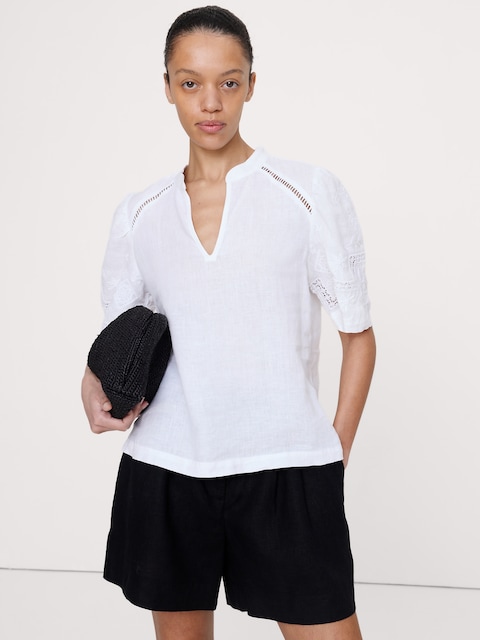 Embroidered Linen Puff-Sleeve Top