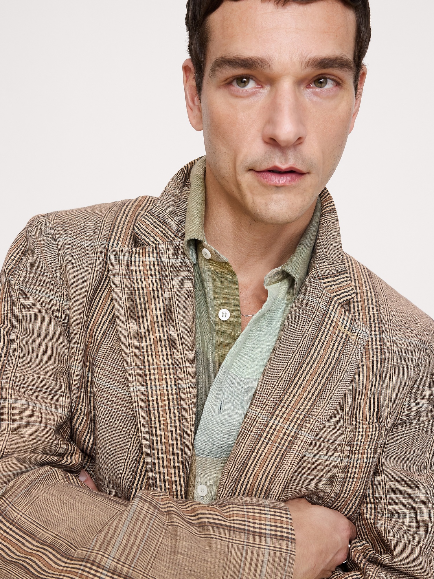 Мужской пиджак Banana Republic Italian Plaid Cotton-Linen Blazer, цвет: Коричневый клетчатый — фото 3