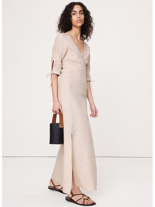 Linen Tie-Sleeve Midi Dress