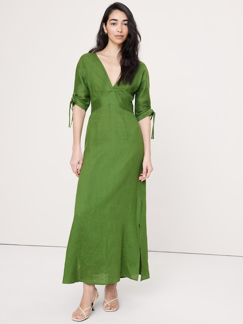 Linen Tie-Sleeve Midi Dress