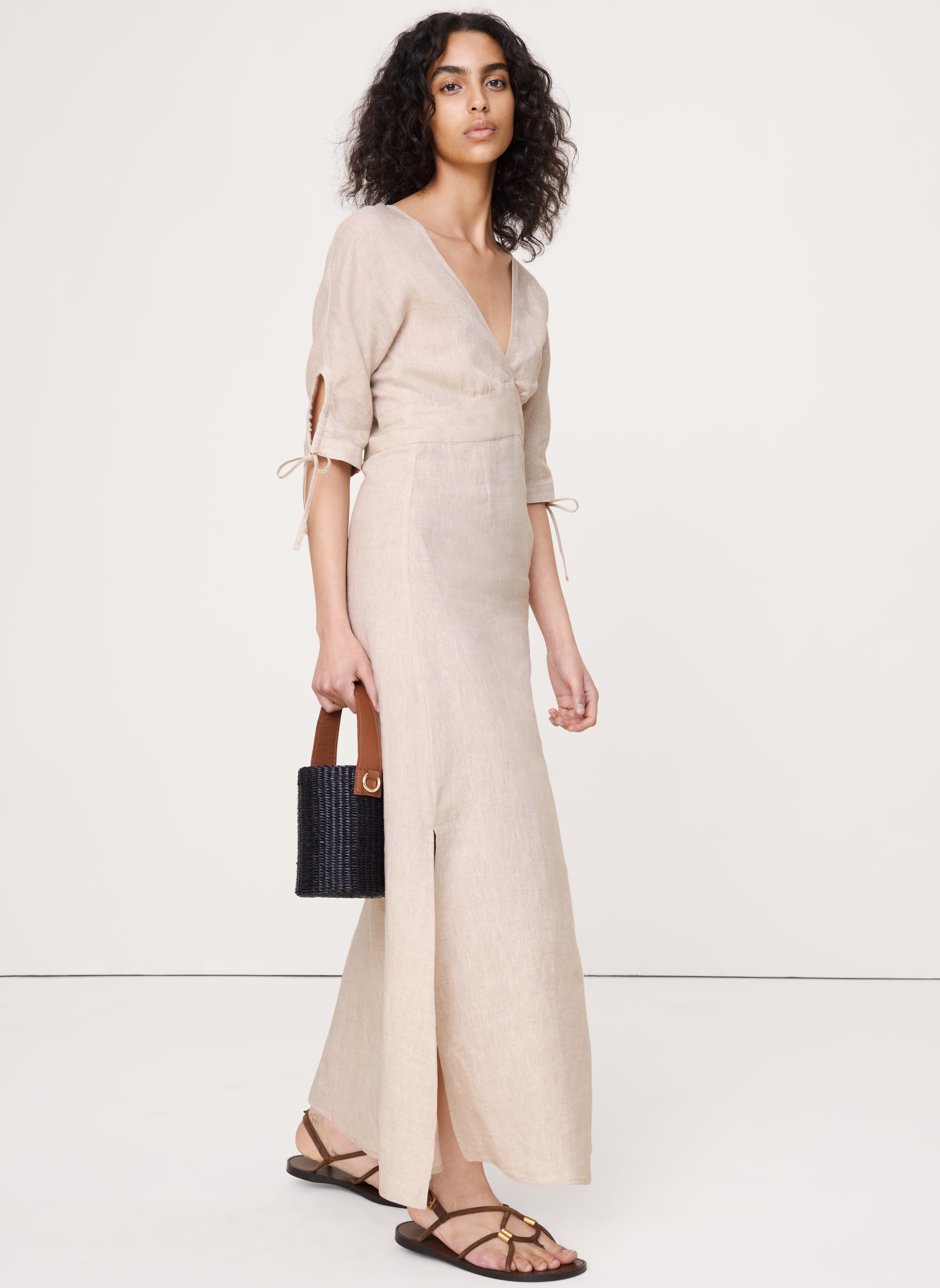 Linen Tie-Sleeve Midi Dress