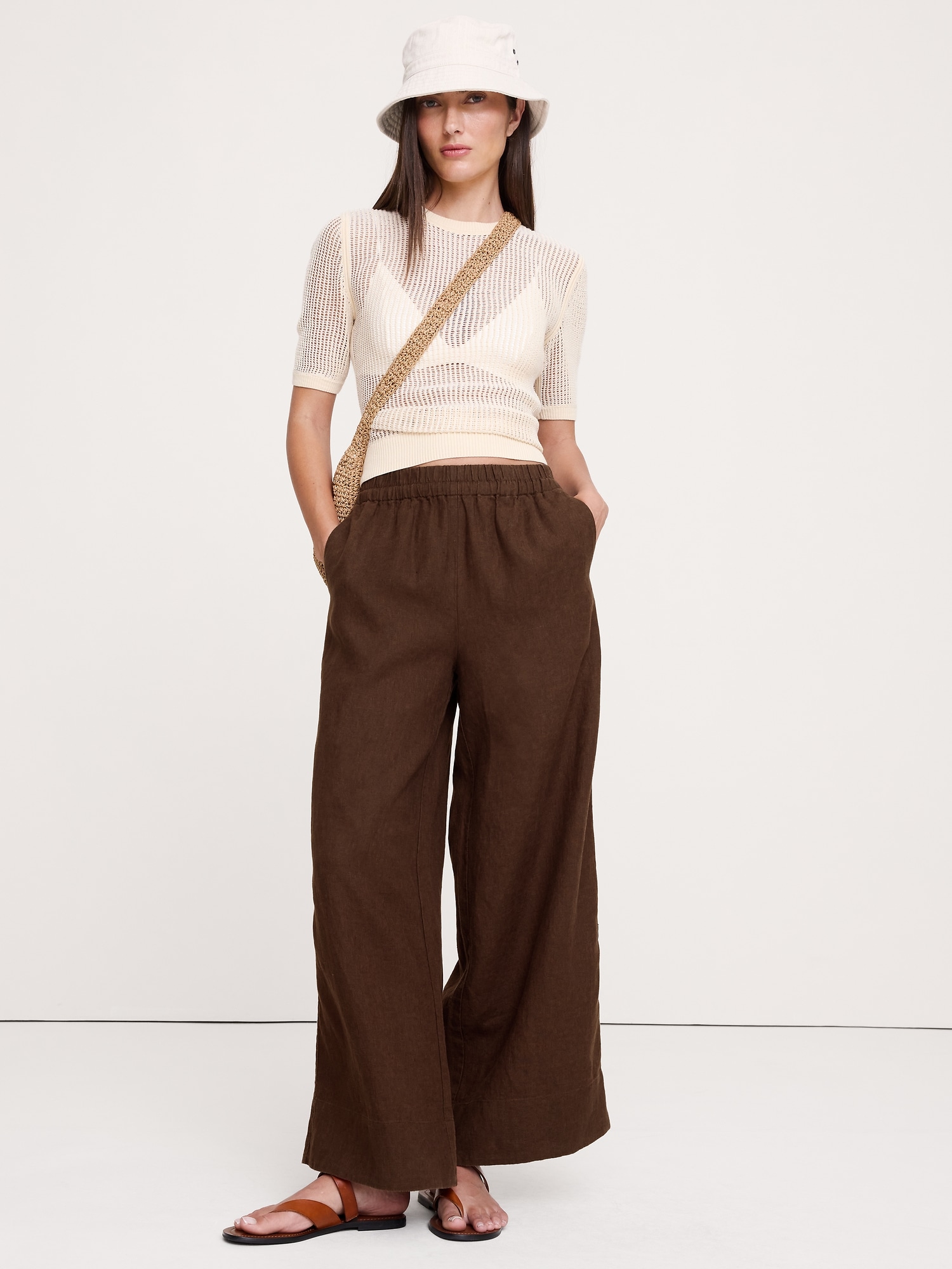 Image number 1 showing, High-Rise Wide-Leg Linen Pull-On Ankle Pant