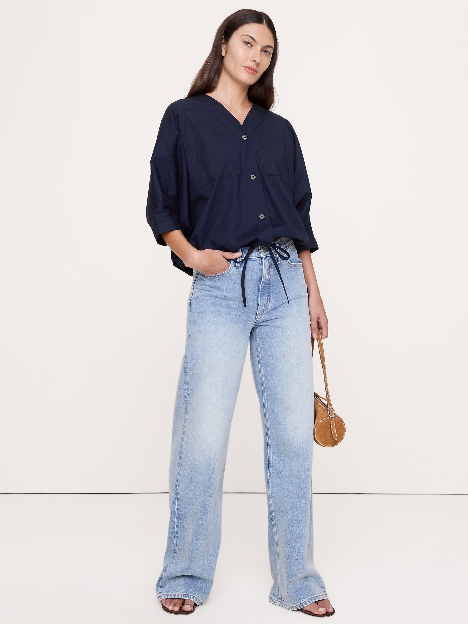 Image number 1 showing, Stretch-Cotton Drawstring-Hem Top