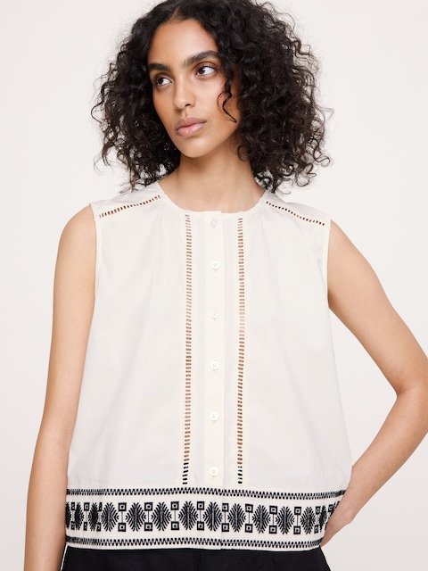 Embroidered Stretch-Cotton Tank