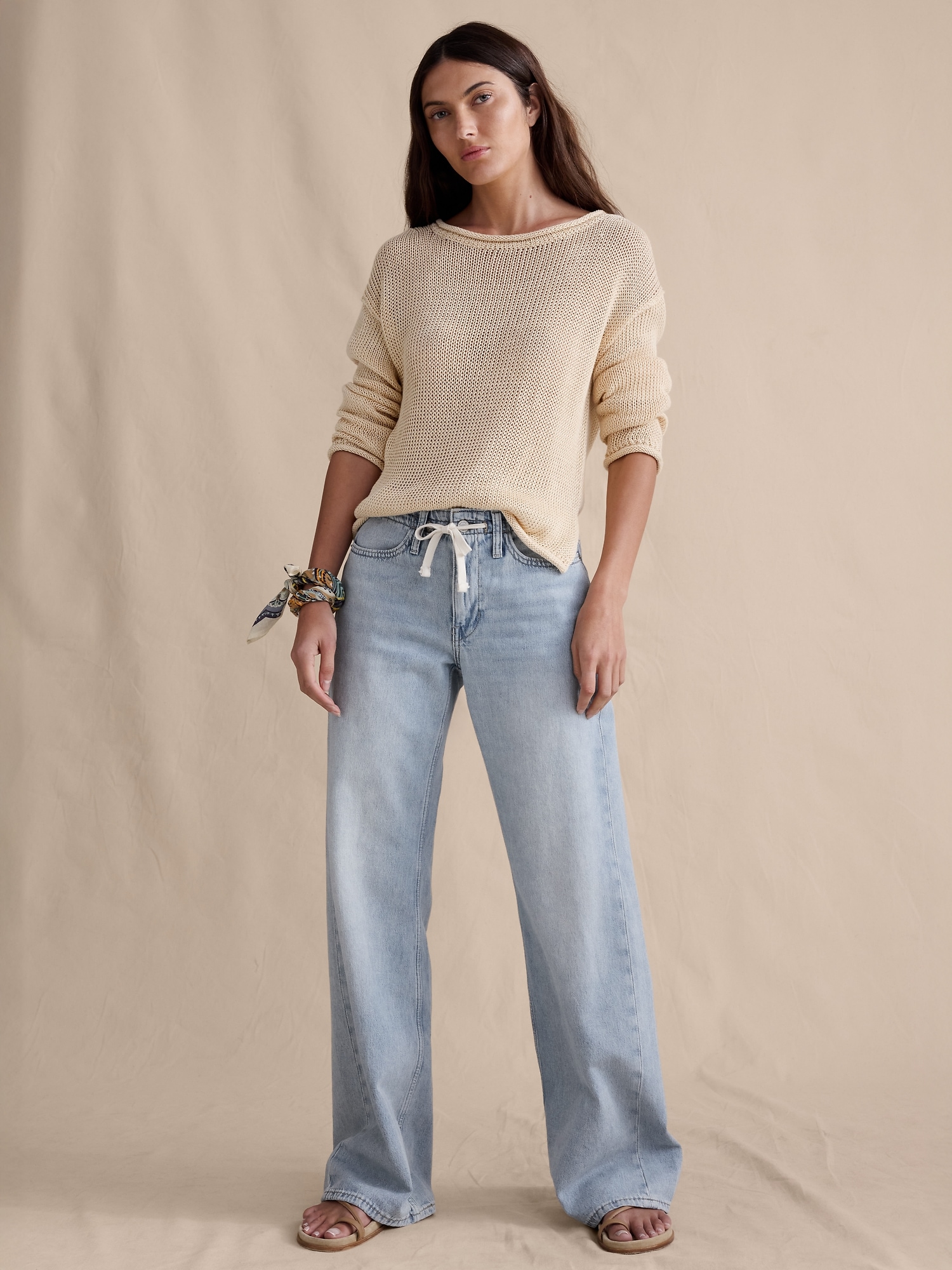 Image number 1 showing, Mid-Rise Wide-Leg Drawstring Jean