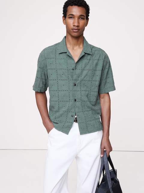 Relaxed-Fit Embroidered Cotton Eyelet Resort Shirt