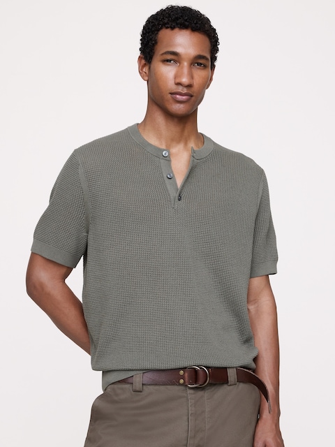 Cotton-Silk Short-Sleeve Henley Sweater