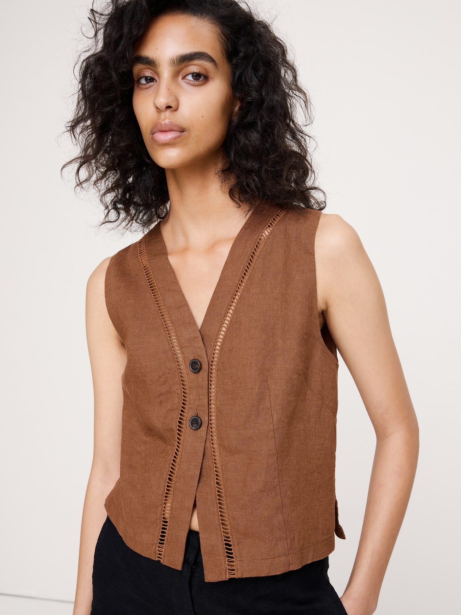 Image number 1 showing, Linen Lace-Trim Vest