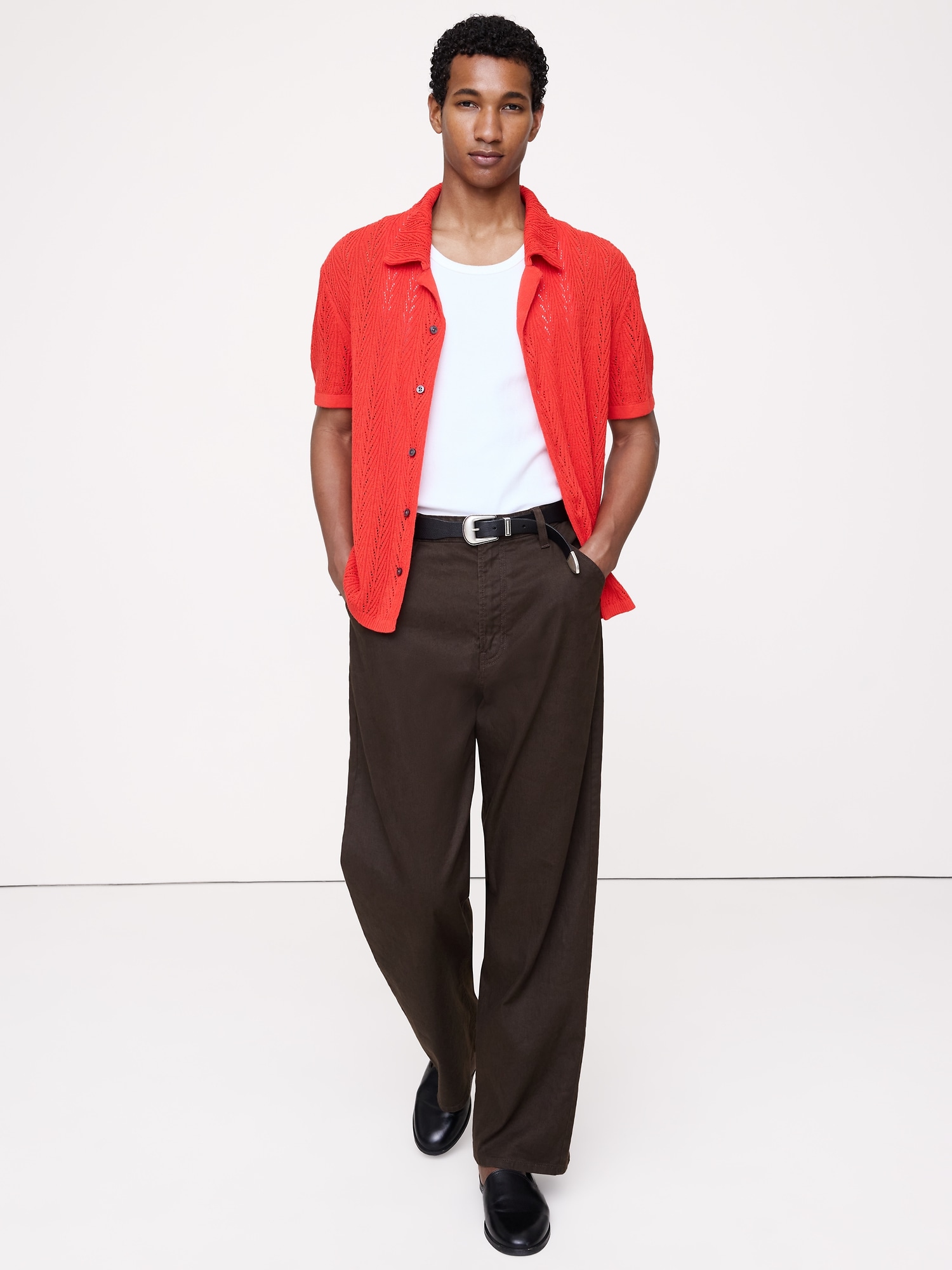 Image number 1 showing, Pointelle Linen-Cotton Blend Polo Cardigan