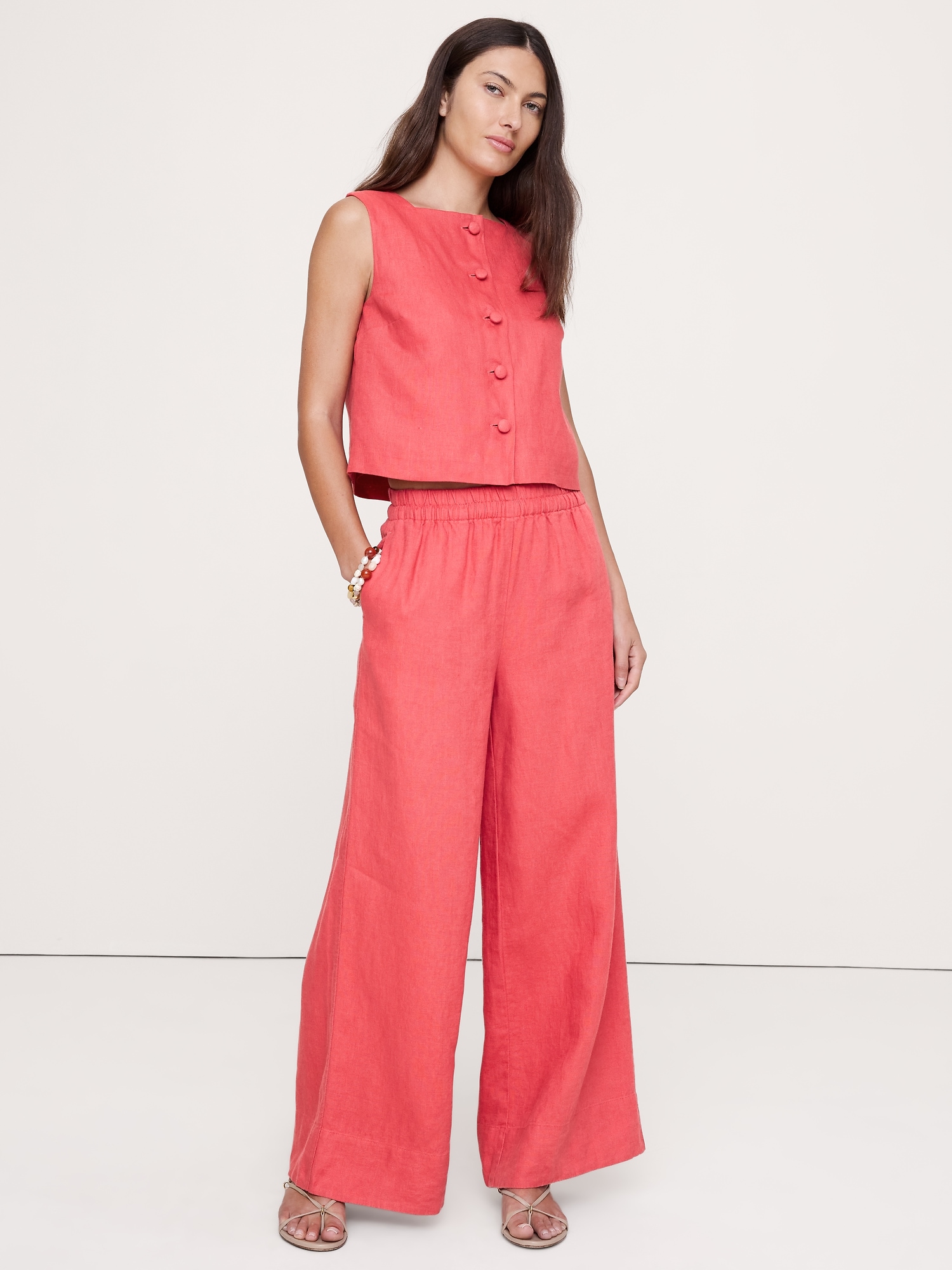Image number 1 showing, High-Rise Wide-Leg Linen Pull-On Ankle Pant