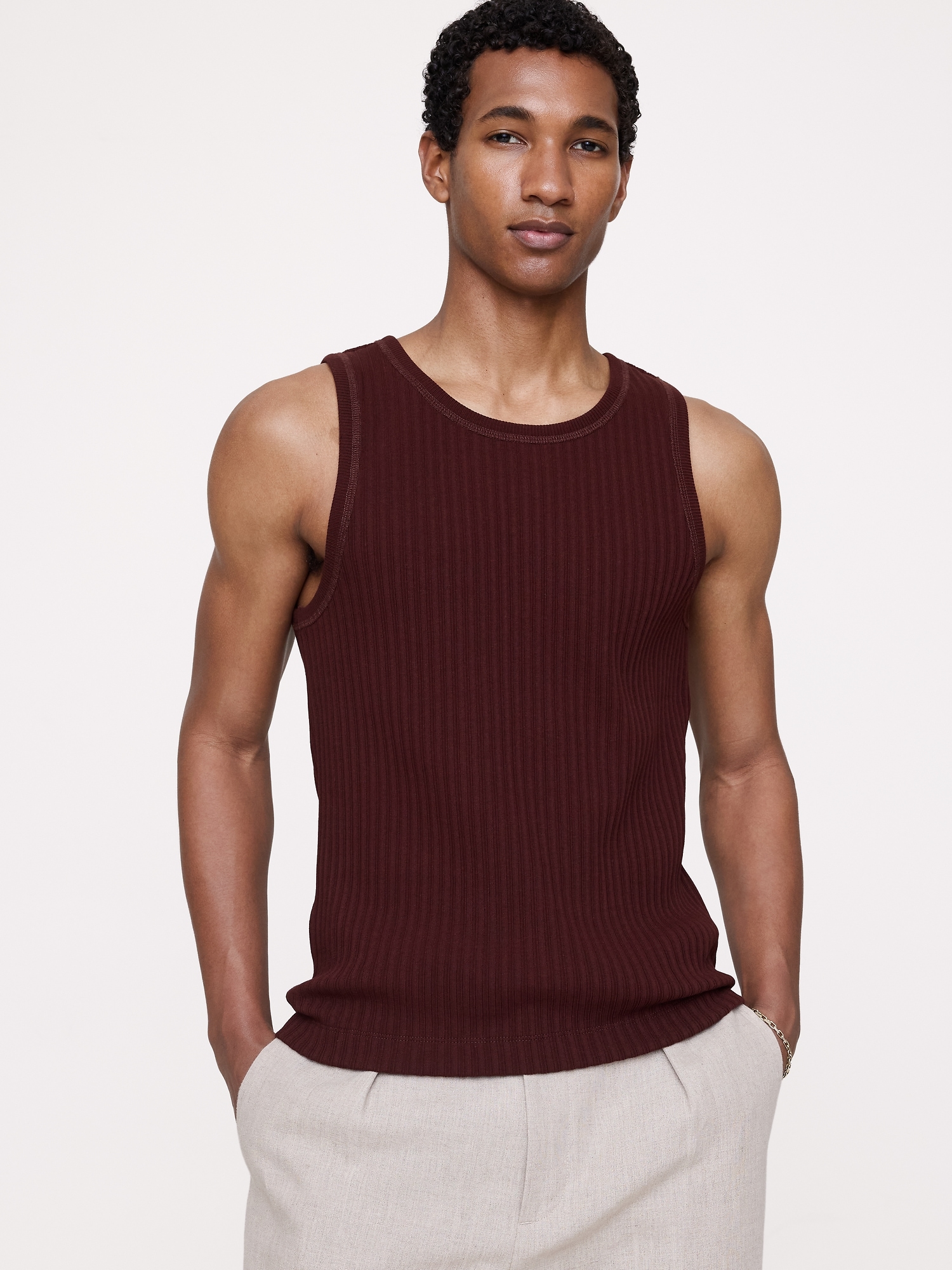 Image number 1 showing, Ribbed Stretch-Cotton Tank
