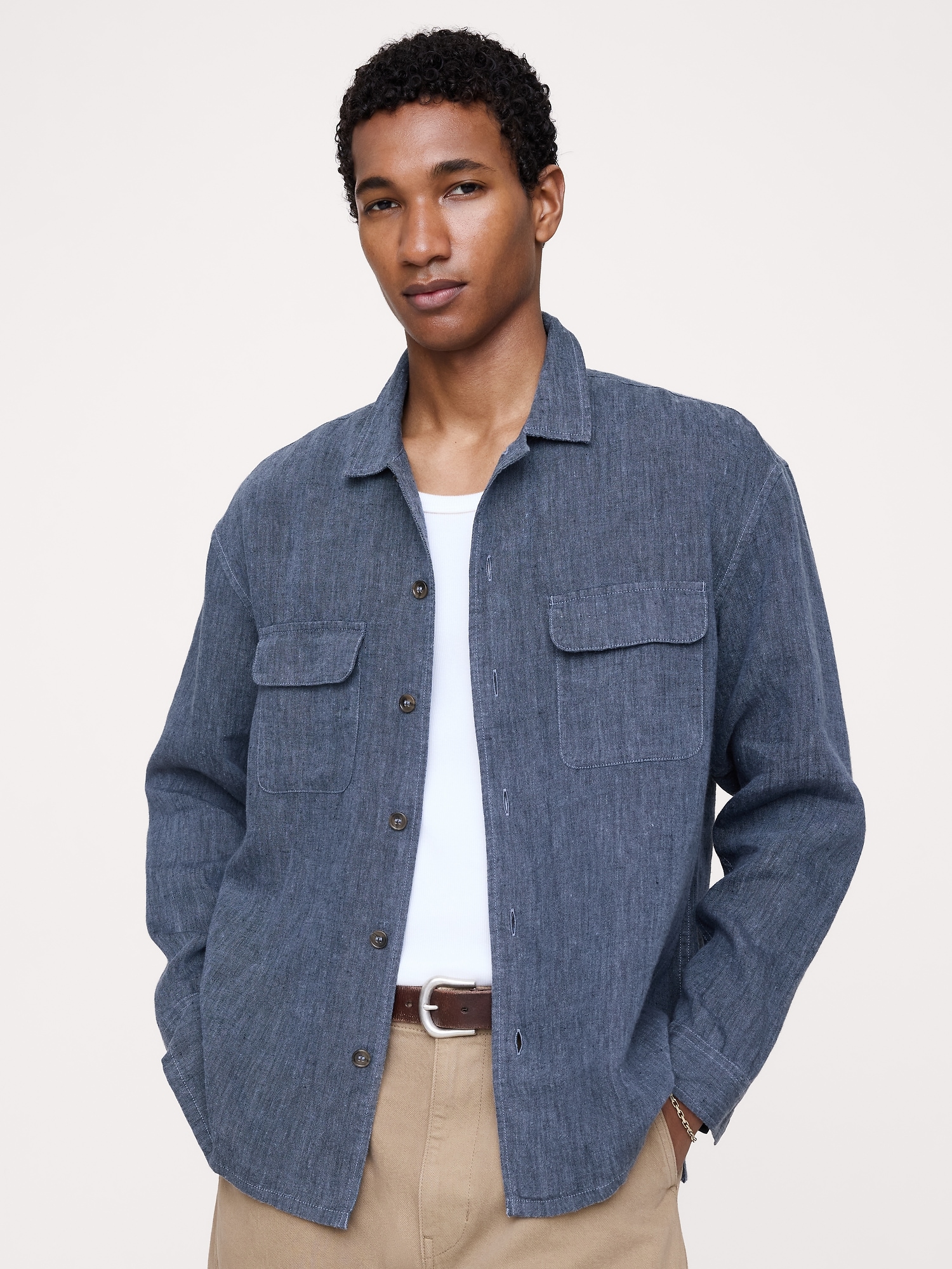 Мужская рубашка Banana Republic Relaxed-Fit Linen Resort, цвет: Синий, вариант 1