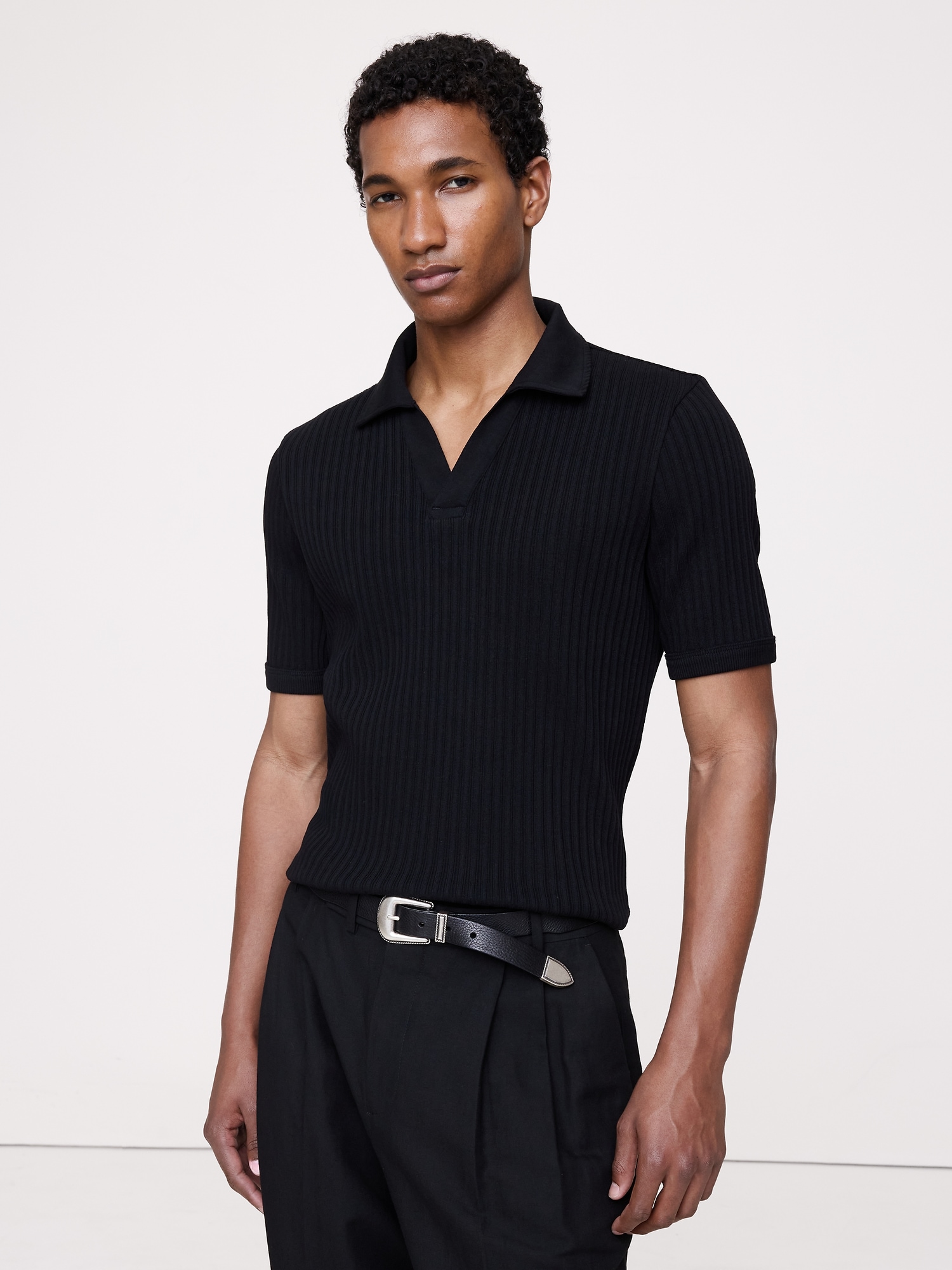 Image number 1 showing, Ribbed Stretch-Cotton Johnny-Collar Polo