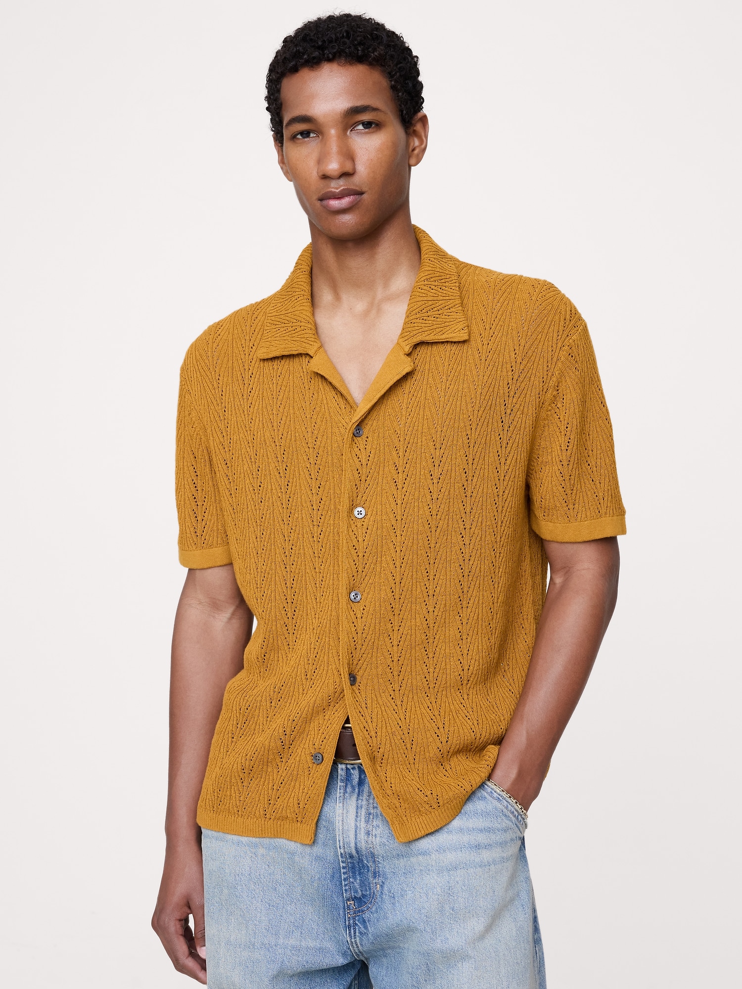 Image number 1 showing, Pointelle Linen-Cotton Blend Polo Cardigan