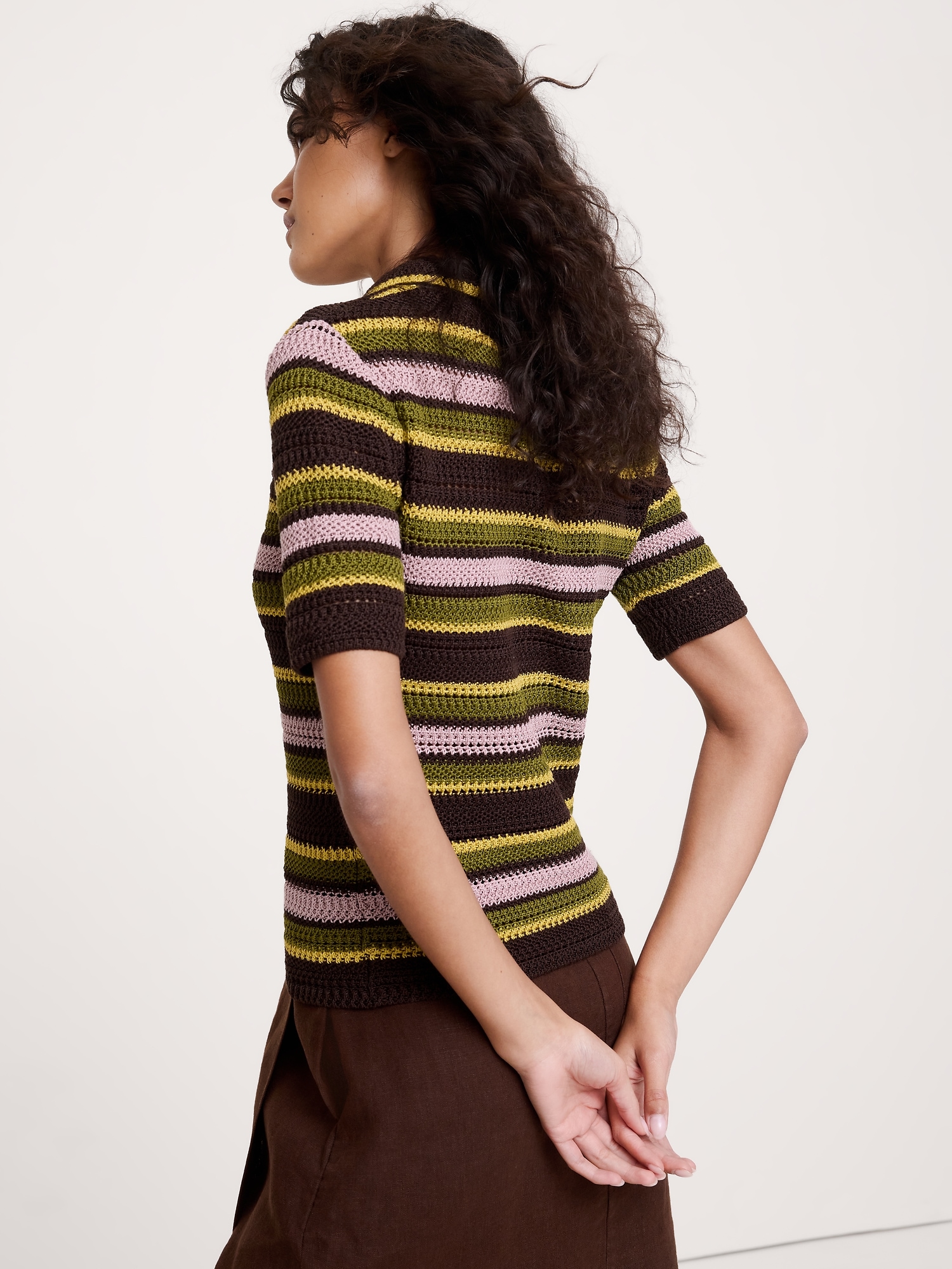 Image number 2 showing, Crochet Stripe Cotton Sweater Polo