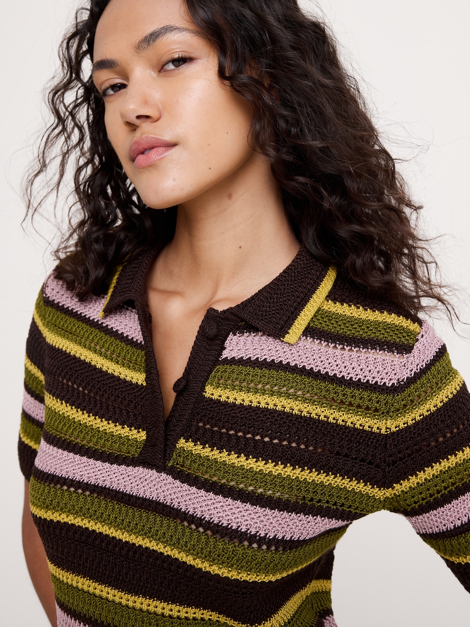 Image number 3 showing, Crochet Stripe Cotton Sweater Polo