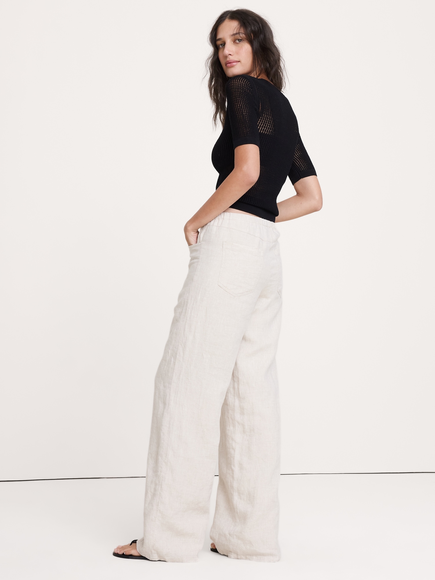 Image number 3 showing, The Studio Wide-Leg Drawstring Pant in Linen