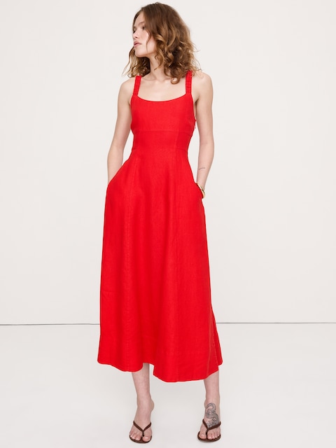 Linen Square-Neck Midi Dress