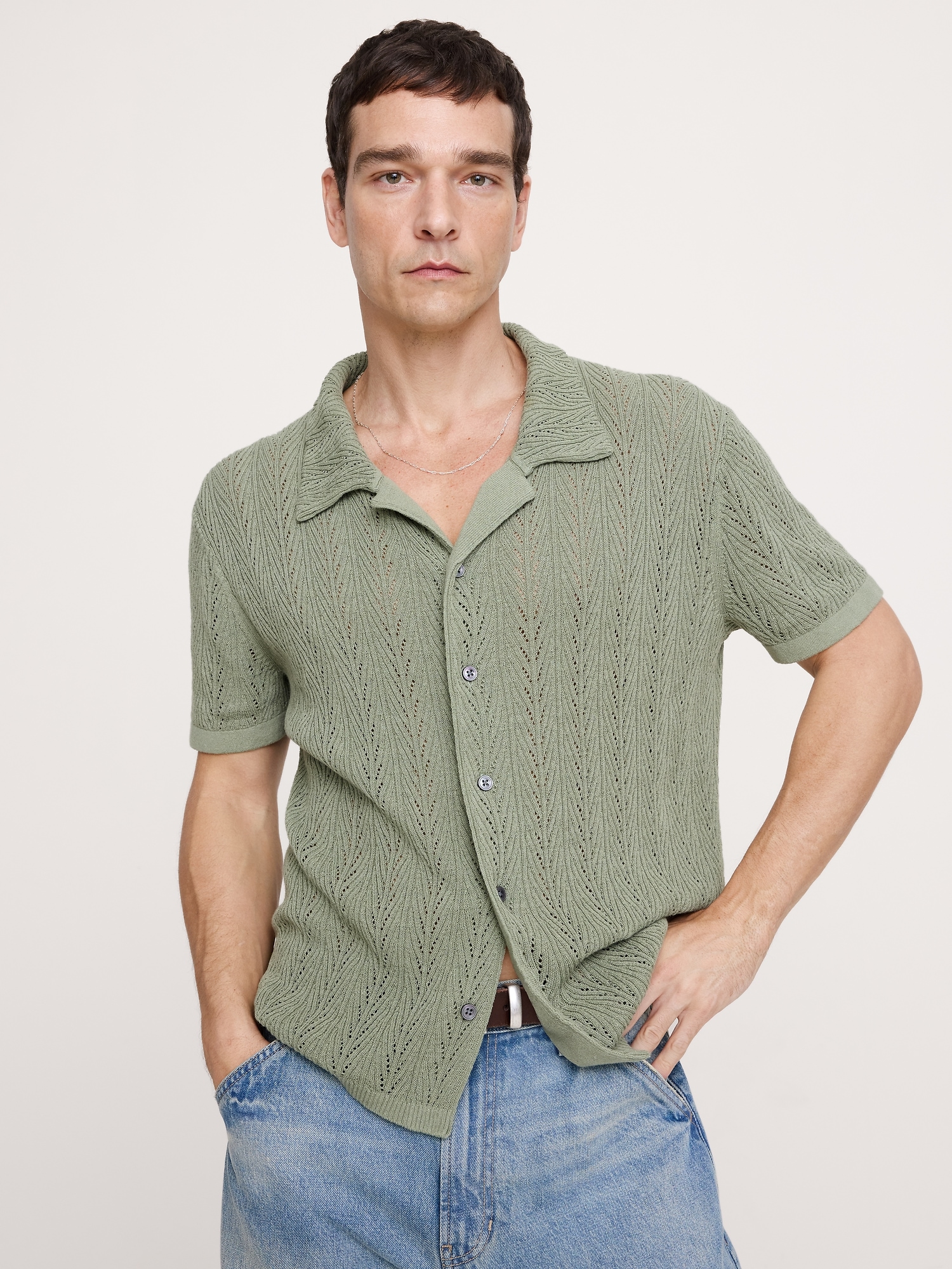 Image number 1 showing, Pointelle Linen-Cotton Blend Polo Cardigan