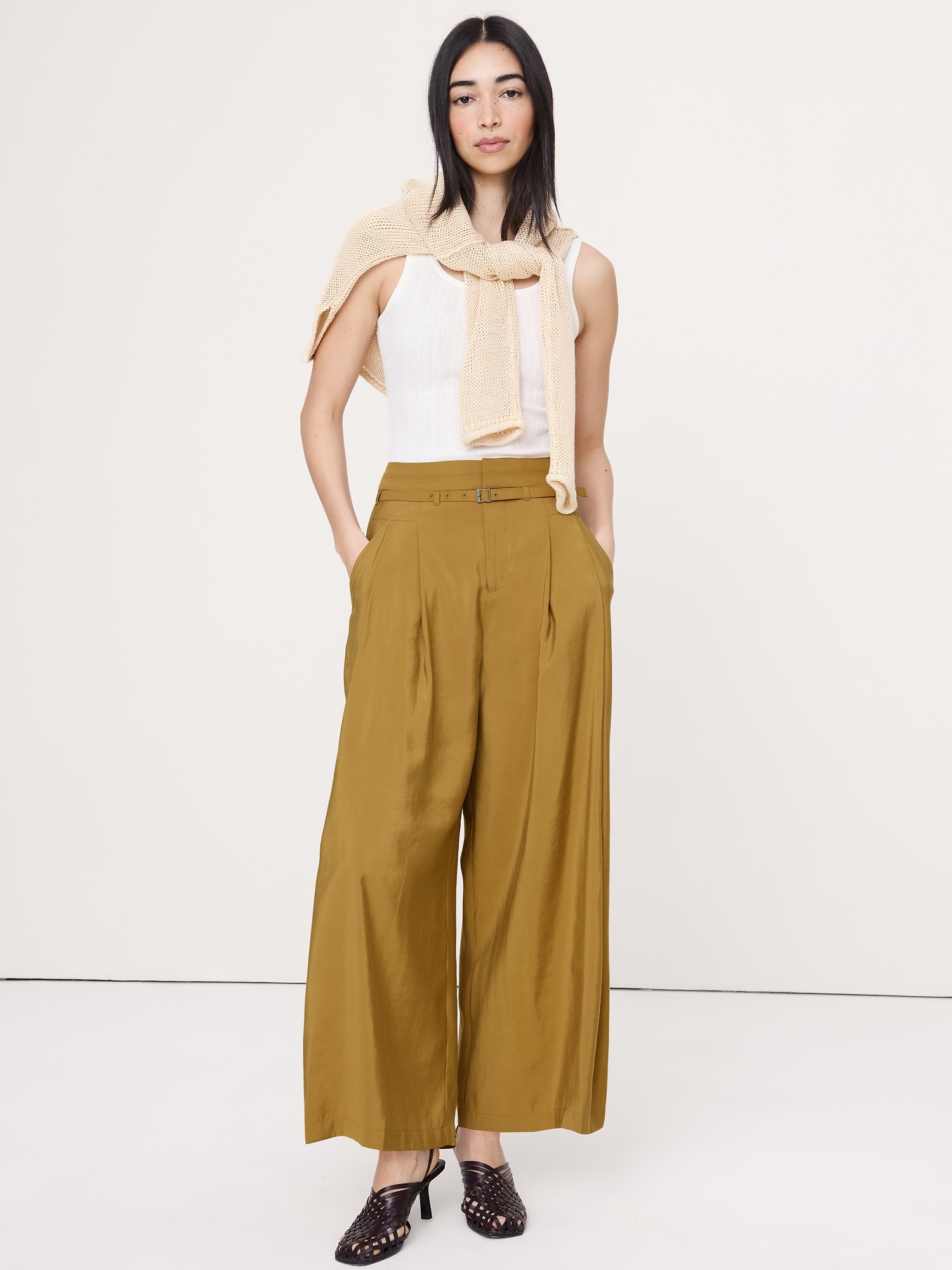 Image number 1 showing, Pleated Wide-Leg Cropped Pant in Luster Twill