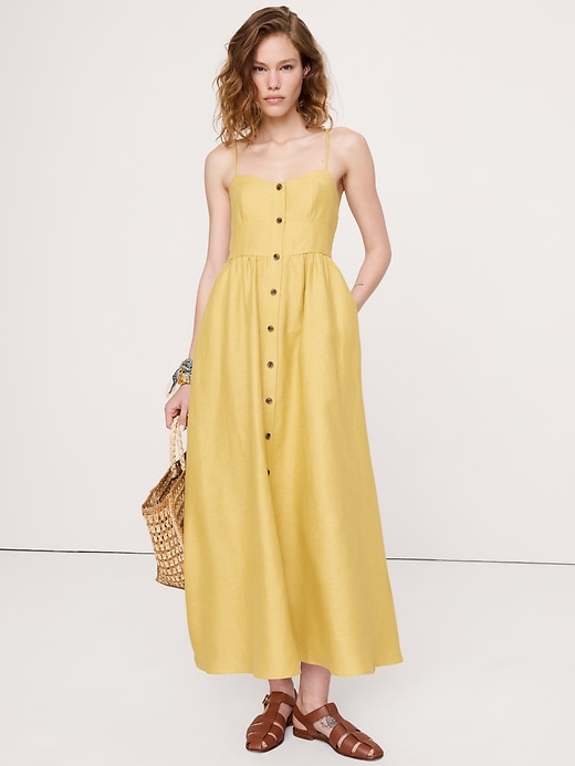 Banana Republic Women's Linen Corset Button-Down Dress Moss Yellow Size 6