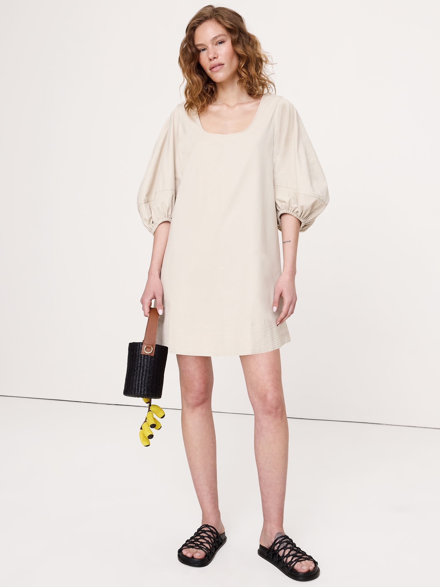 Image number 1 showing, Cotton-Twill Lantern-Sleeve Mini Dress