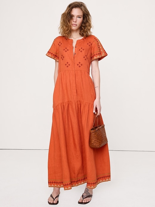 Embroidered Linen Tiered Maxi Dress | Banana Republic