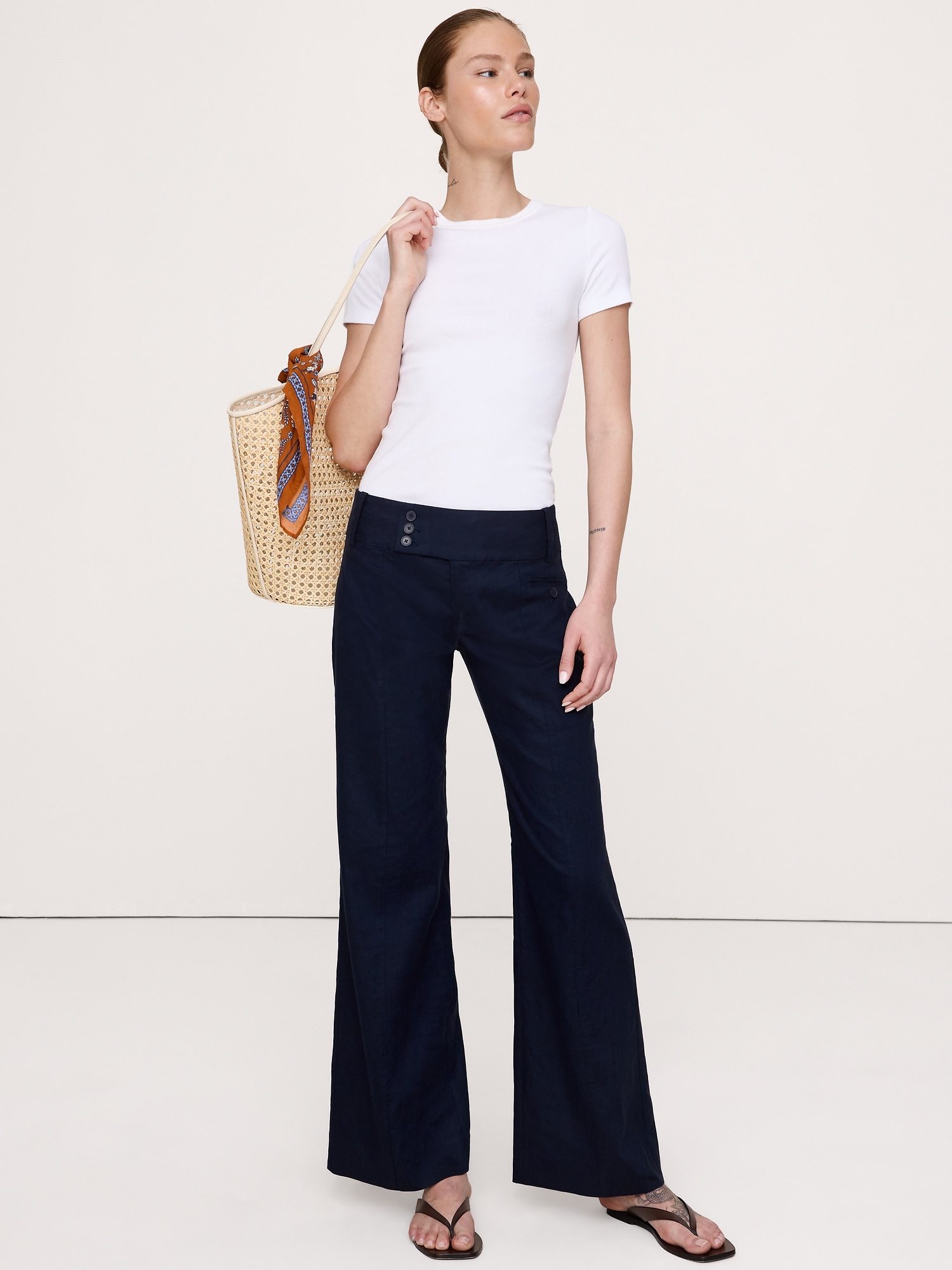 Image number 1 showing, Low-Rise Wide-Leg Stretch Linen-Viscose Pant