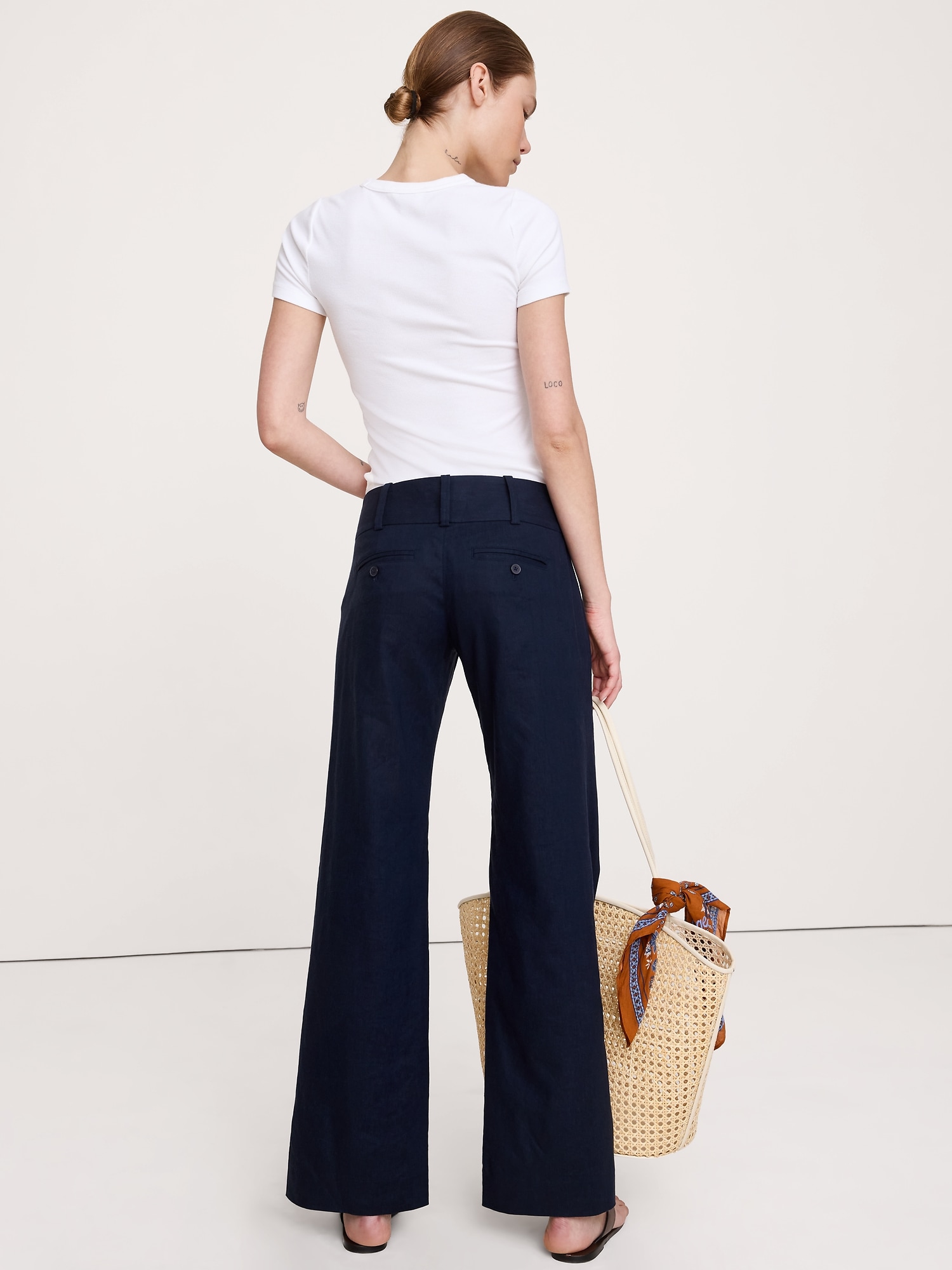 Image number 6 showing, Low-Rise Wide-Leg Stretch Linen-Viscose Pant