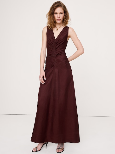 Viscose-Linen V-Neck Maxi Dress - Radicchio Burgundy