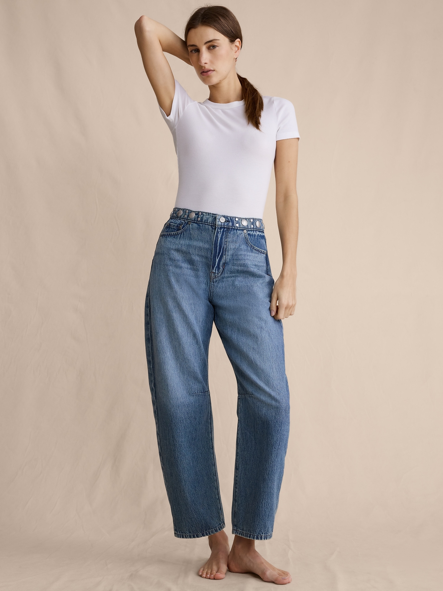 Image number 5 showing, Mid-Rise Barrel Studded Ankle Jean
